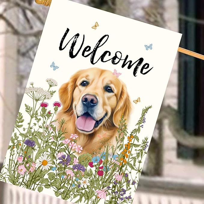 Floral Golden Retriever Garden Flag Spring Summer House Flags 28 x 40 Double Sided Flower Dog Yard Flags for Outside Large Outdoor Welcome Flags