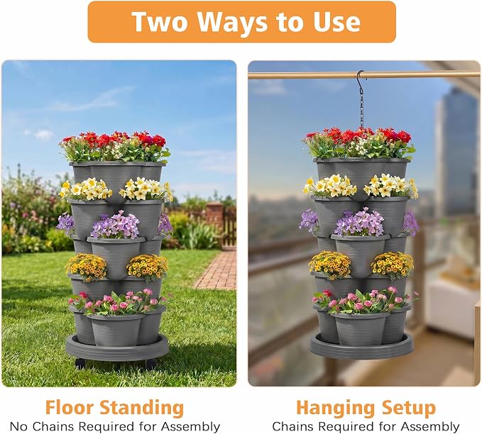 VECELO 5 Tier Vertical Garden Planter, Self Watering Stackable Planters with Wheels for Strawberries, Herbs, Flowers, Vegetables, Dark Gray