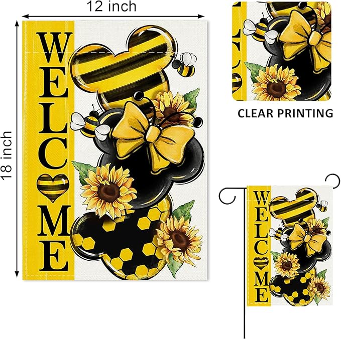 Welcome Spring Decorative Garden Flag, Yellow Sunflower Honey Bumble Bee Yard Outside Decorations, Seasonal Burlap Outdoor Small Home Decor Double Sided 12 x 18