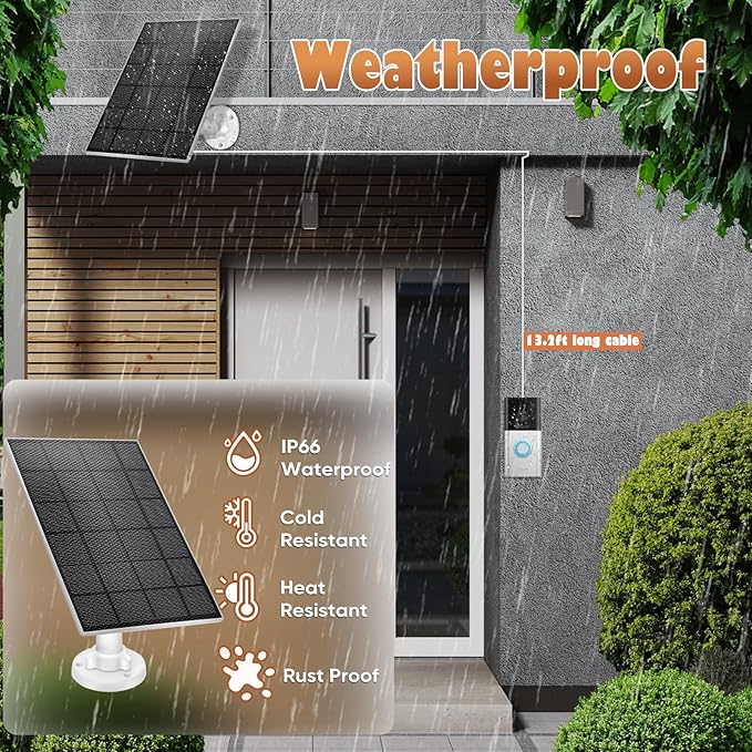 Solar Panel Battery Compatible with Video Doorbell 3 and 4, Battery Video Doorbell Plus, 13ft Charging Cable, 360°Adjustable Wall Mount
