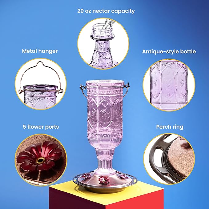 More Birds Amethyst Jewel Hummingbird Feeder - 77IN - 20 Fl Oz Nectar Capacity - Hummingbird Feeder for Outdoors - Feed 5 Hummingbirds - Vintage Design - Bird Backyard DÃcor