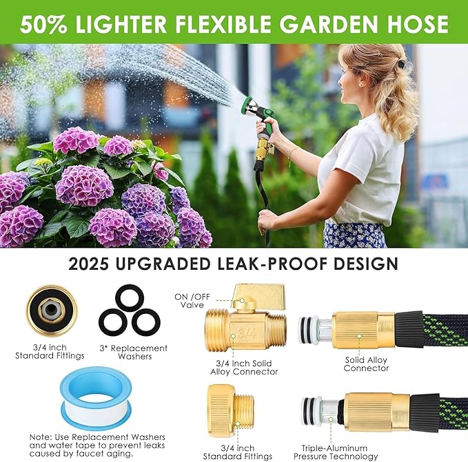 FlexiSolve Non-Expandable Garden Hose 100 ft, Ultra Lightweight & Flexible Water Hose With 10-Pattern Spray Nozzle, Full Length Leak-Proof Design, High-Density Fabric & Shut-Off Valve, Hose Straps