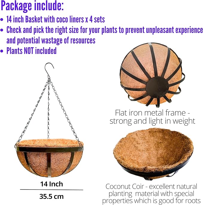LaLaGreen Outdoor Hanging Baskets for Plants (14 Inch, 4 Pack) Large Hanging Planter with Coco Liner, Round Plant Flat Iron Metal Flower Pots for Deck Patio Porch Garden Balcony Outside Decoration