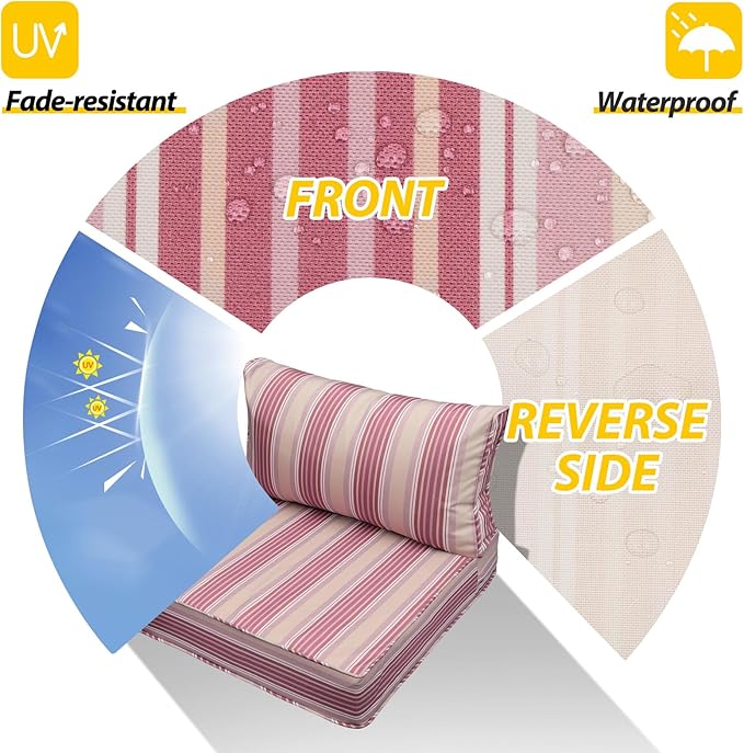 AAAAAcessories Outdoor Seat Cushions for Chairs, Fade-Resistant, Waterproof Patio Furniture Replacement Cushions, 25.5" x 25.5" x 5" + 25.5" x 13.5", Dusty Rose Garden Stripe