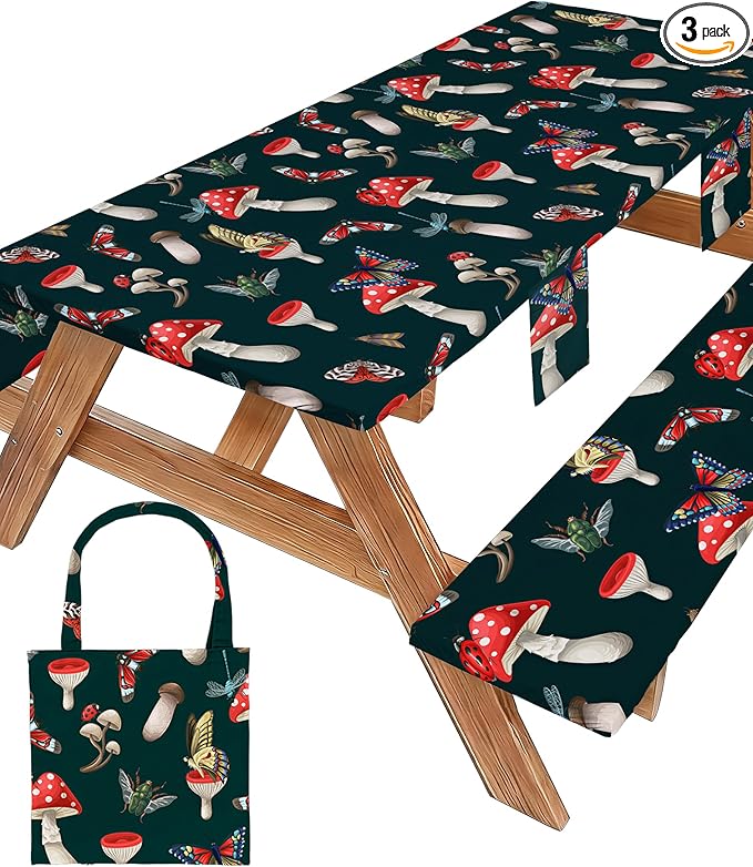 Picnic Table Cover with Bench Covers Elastic Tablecloth Camping Essentials Table Cloth Outdoor Glamping Cool Fun Unique Ideas Birthday Camping Gifts for Mother Mama Mommy Mom from Daughter Son Black