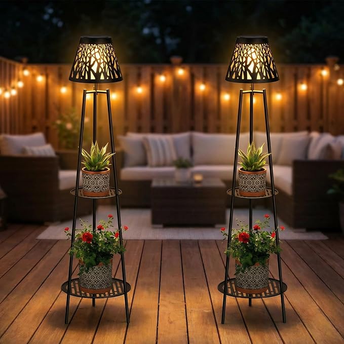 2 Pack Solar Floor Lamps Outdoor with 2-Tier Plant Stand, Metal Tall Planter Holder with Waterproof LED Lantern, Decorative Patio Light & Flower Pot Display Rack for Garden, Deck, Porch, Balcony