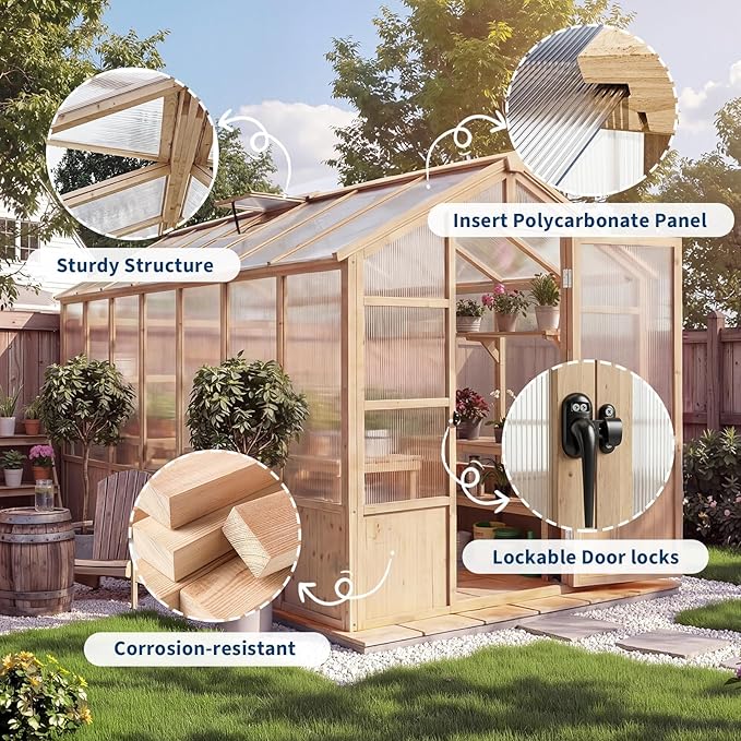 GarveeLife 8'x14' Wooden Greenhouse for Outdoor, Large Walk-in Greenhouse Kit with Ventilated Window, Door & Polycarbonate Panels, Heavy Duty Wood Frame Green House for Patio Garden Backyard