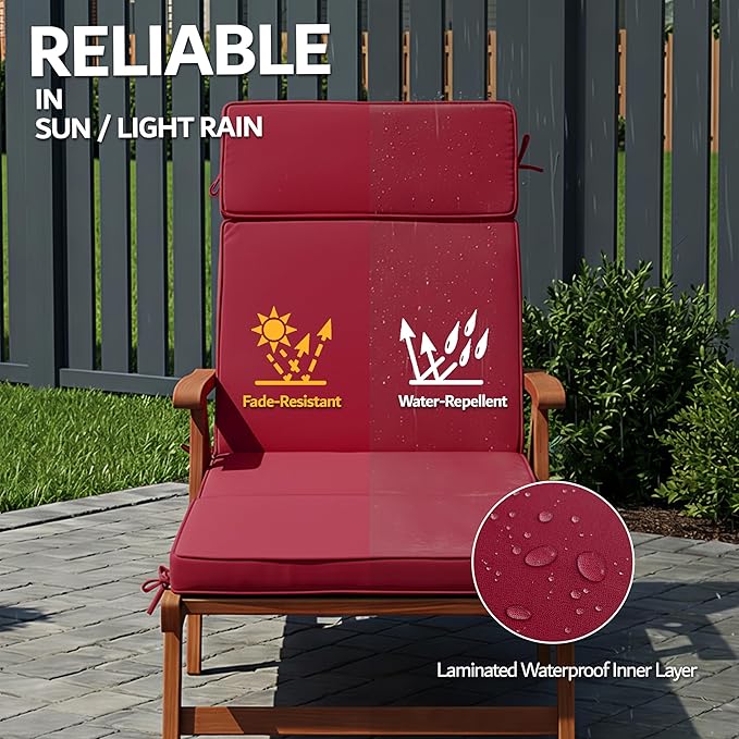 72 x 21 Inch Outdoor Chaise Lounge Cushion - Removable Cover, 4-Section Design, Water-Repellent & Fade-Resistant, 6 Tie Straps, Replacement for Patio & Pool Chairs - Burgundy