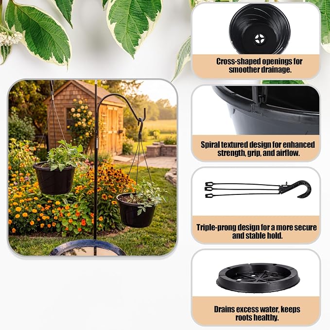 8 Pcs 10 Inch Modern Euro Swirl Hanging Planter Uv-Resistant Plastic Hanging Basket Smart Drainage Lightweight Indoor Outdoor Flower Pots for Garden Porch Balcony Patio Home Decor (Black)