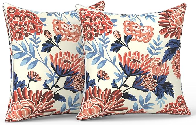 LVTXIII Outdoor Throw Pillows 18x18 Patio Waterproof Square Pillows with Piping Fade Resistant Accent Pillow for Spring Summer Garden Decoration, Set of 2, Red Chrysanthemum