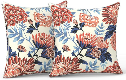 LVTXIII Outdoor Throw Pillows 18x18 Patio Waterproof Square Pillows with Piping Fade Resistant Accent Pillow for Spring Summer Garden Decoration, Set of 2, Red Chrysanthemum