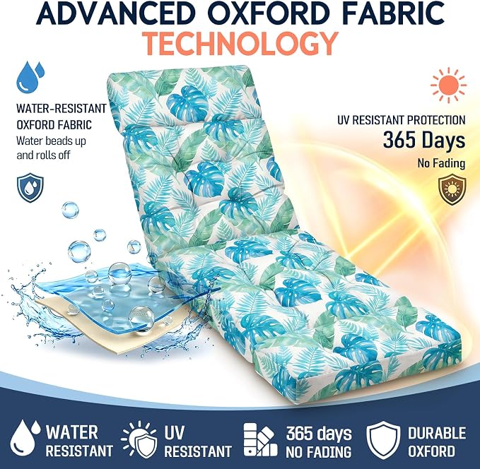 MAGIC ELEPHANT Chaise Lounge Cushion Outdoor, Memory Foam Patio Lounge Chair Cushion with Ties for Outdoor Furniture, 74 x 22 x 4 Inch (Aqua Monstera)
