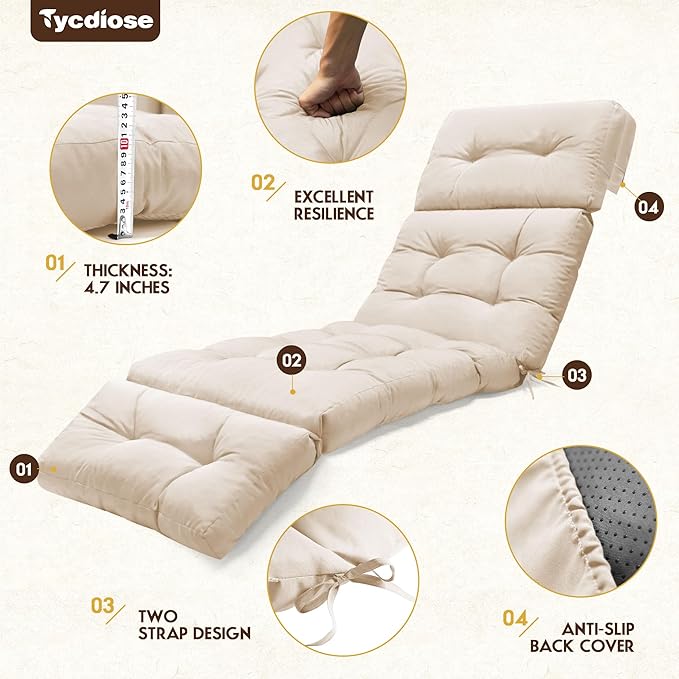 Outdoor Chaise Lounge Chair Cushion Waterproof 74.4 x 22 x 4.7 Inches Memory Foam Lounge Chair Cushions Replacement for Outdoor Furniture with Ties, Thickened Pool Lounge Chair Cushion, Beige