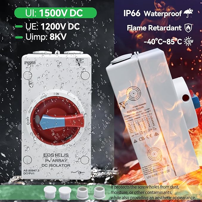 Solar Disconnect Switch 4-Pole DC1500 32A Isolator Solar Switch with Enclosure for Rooftop Solar Systems, RVs and Boat Waterproof IP66 Red