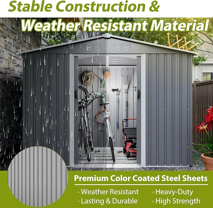 YOPTO 8X6 FT Outdoor Storage Shed with Roof,Waterproof House Tool Cabinet W/Metal Foundation & Lockable Doors,for Shovels,Umbrellas,Antennas,Escalators,Gray