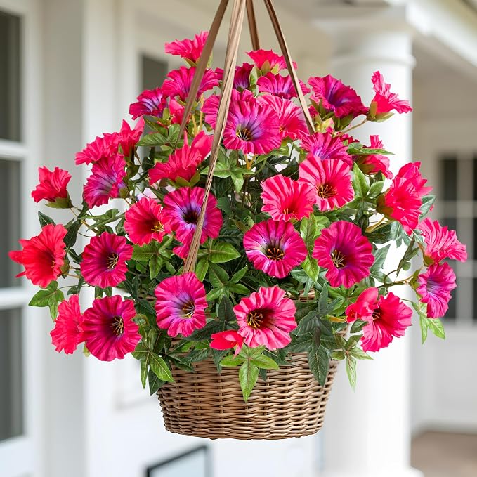 Rose Red Artificial Morning Glory Flowers for Outdoor Planters, Premium UV Resistant Silk Faux Flowers for Porch, Hanging Basket & Window Box, Summer Garden Decor, No Pot, 13.3 Inch, 4 Bundles