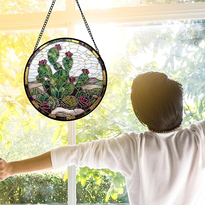 DASTOLL Stained Glass Window Hanging,Green Cactus Purple Flowers Suncatcher Diamond Glass Panel Sun Catchers Decor for Birthday for Women, Men, Wife, Aunt, and Mom 11.8x11.8 in