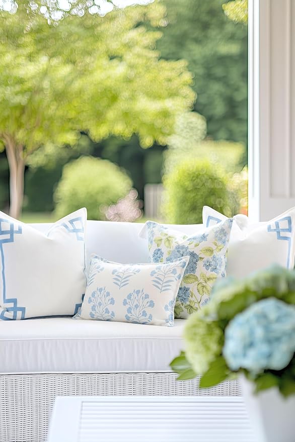 Hofdeco Premium Coastal Patio Indoor Outdoor Throw Pillow Cover Only, 20"x20" Water Repellent for Backyard, Couch, Baby Blue Embroidered Frame Greek Key (Pack of 2)