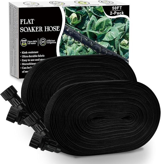 Soaker Hose 100FT, Thickened Flat Soaker Hoses For Garden 100 ft 2 pack, Drip Irrigation Hose Saves 80% Water, Leak-free Design Water Hose with Holes For Lawn, Flower Bed, Vegetable Field (50 FT x 2)