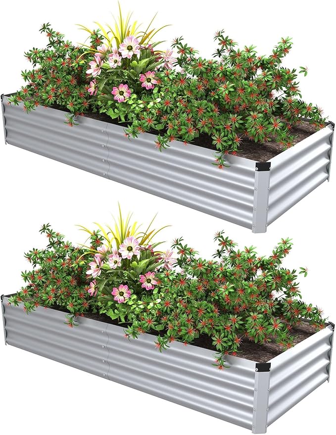 6x2x1 Ft 2Packs Metal Raised Garden Bed, Rectangular Outdoor, Garden Bed Planter Box for Vegetables, Flowers and Herbs, Color Coated Steel Raised Planter Bed Kit (Silver)