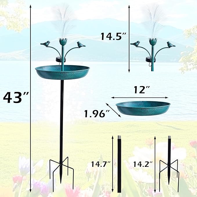 JOYBEE 43In Metal Solar Bird Bathtub with Optical Fiber -Bird Baths Feeder Bowl for Outside, Vintage Freestanding Birdbaths, Bird Baths Outdoor Stake for Garden Patio Yard Lawn Decor (Blue