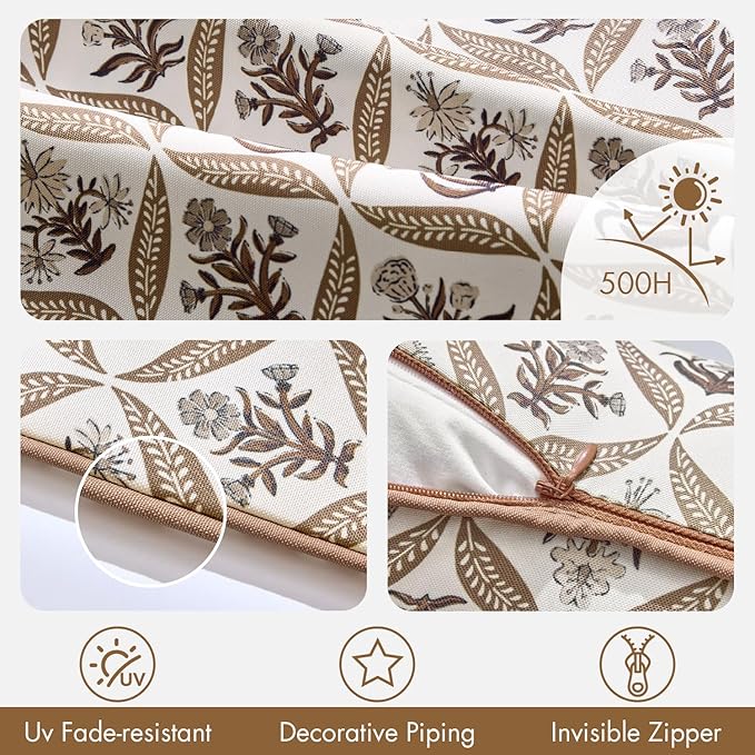 ANRODUO Floral Outdoor Pillow Covers 12x20 Waterproof Set of 2 Lumbar Block Print Decorative Cushion Cases with Refined Edge Piping for Spring Patio Porch Garden Couch Sofa Bench Decor Brown