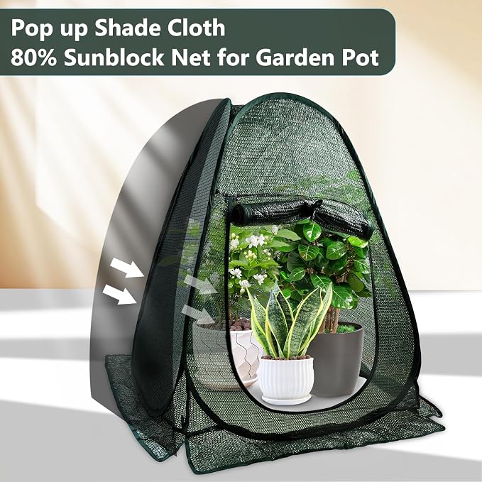 1 PCS Pop up Plant Cover Tent for Outdoor Plants, Large Plant Shade Tent 80% UV Resisitant Sunblock Shade Cloth Net Zipper Door Garden Pest Guard Plants Sun Protection with Stakes, 28 x 28 x 32 Inch