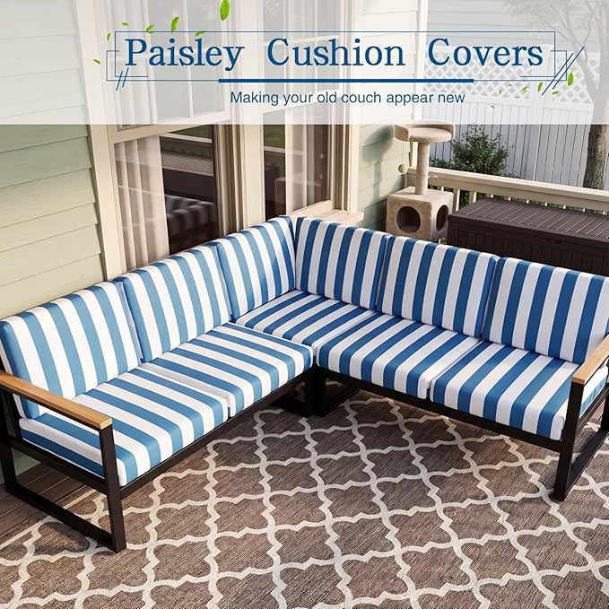 Newwiee 12 Pcs Patio Stretch Outdoor Cushion Covers Sofa Couch Cover Replacement Couch Slipcover Sofa Seat Chair Porch Patio Furniture Protector, Flexibility Washable (Blue White,Stripes)