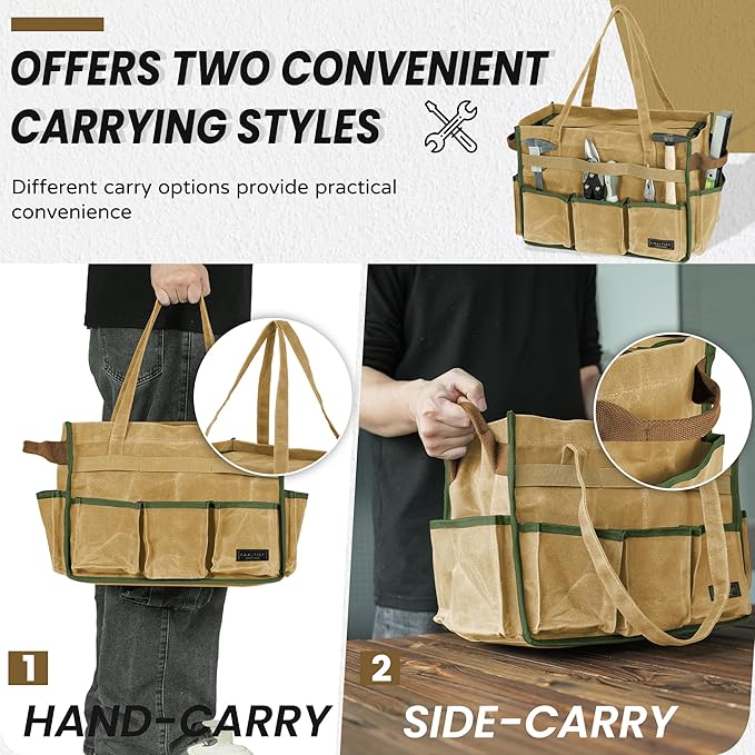 Canvas Tool Bag, 16OZ Waxed Canvas Tool Tote Bag with Metal Zipper & 12-Pocket Design, Multi-Purpose Garden Tool Storage Tote for Electrician Gardener Plumber | Khaki | 14.5"L x 7.5"W x 10"H