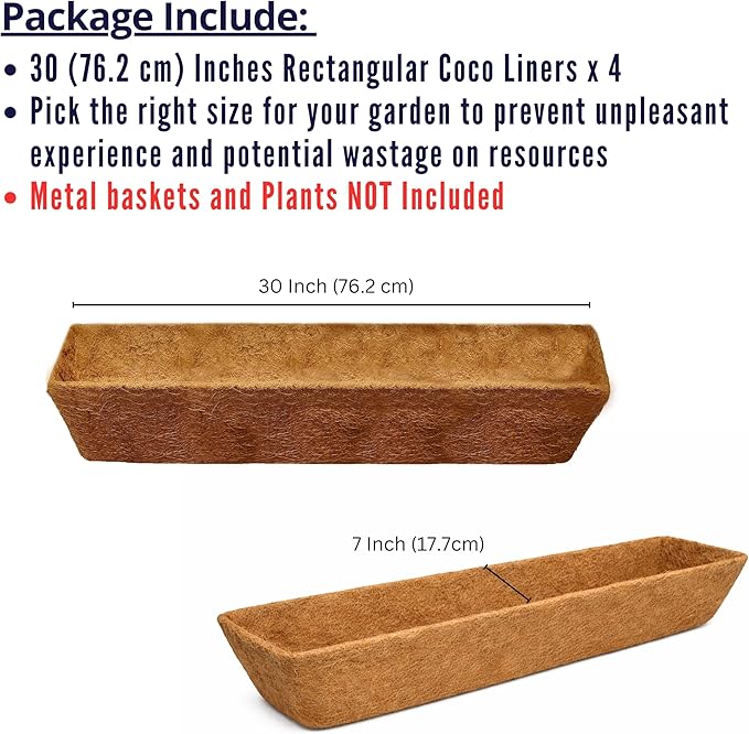 LaLaGreen 30" (4 Pack, Rectangular) Coco Liners for Planter – Large Coir Husk Replacement for Window Box, Wall Mount Pot, Trough Basket, Garden Outdoor Use – Multi Sizes 16/30 Inch & Different Shapes