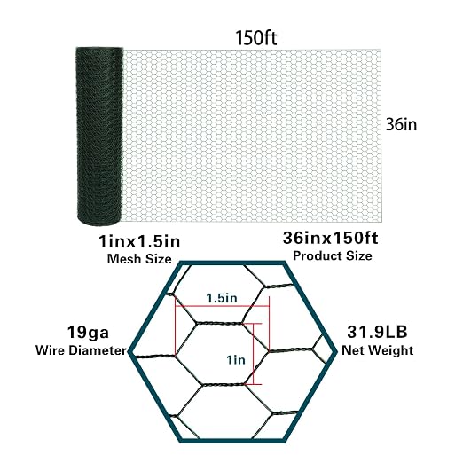 Green 19GA Chicken Wire 36inx150ft, Chicken Wire Fencing, Chicken Fence, PVC Coated Chicken Wire, PVC Coated Wire Mesh for Animal/Rabbit/Floral/Chicken Coop/DIY Projects.
