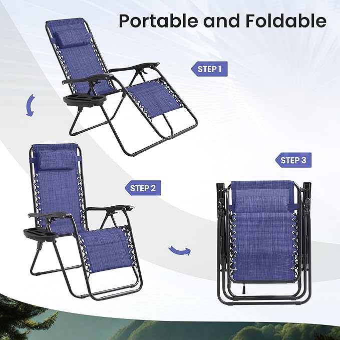 Zero Gravity Chair Set of 2 Oversized Folding Recliner, Padded Anti Gravity Lounge Chair with Adjustable Pillow & Cup Holder for Outdoor Camping, Patio, Poolside, Lawn (Blue)