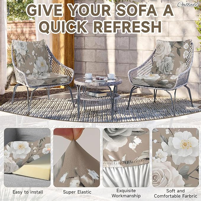 CALBODE 8Pcs Stretch Patio Cushion Cover, Vintage Floral Printed Couch & Sofa Slipcovers for Patio Furniture Cushions Washable Reusable Couch Covers Replacement for All-Season (Cover Only)