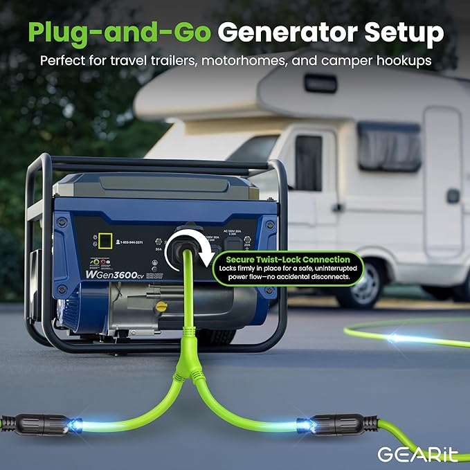 GEARit 30-Amp Generator Splitter Y Adapter Cord - NEMA L14-30P to (2) L14-30R, 4-Prong 120/250-Volt 7500W, 10 Gauge SJTW Locking Power Cord for Manual Transfer Switch, Portable Generators, Outages 3ft