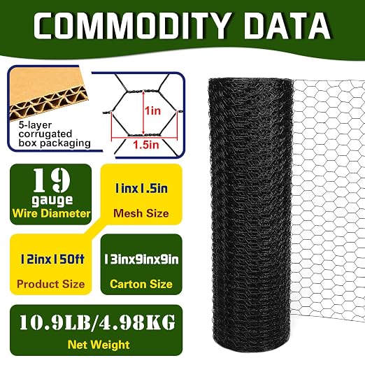 Premium Black Chicken Wire Fencing 12inx150ft, PVC Coated Chicken Wire, Poultry Netting, Galvanized Chicken Wire Barrier for Floral Arrangements/Craft Projects/Pet/Rabbit