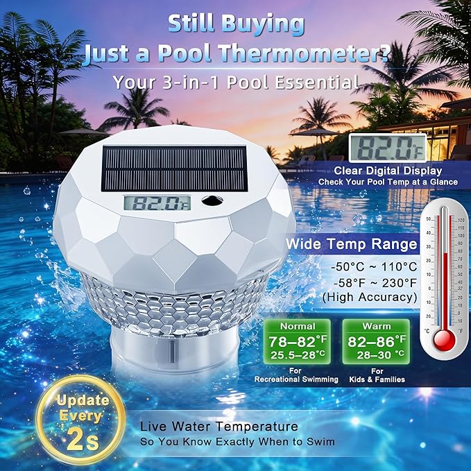 Ketom Solar Pool Chlorine Floater with Thermometer - Remote Control Floating Chlorine Dispenser with RGB Waterproof Pool Light Chlorine Tablet Floater 3 inch for Outdoor Swimming Hot Tub Spa
