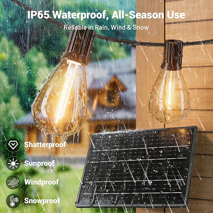 Solar String Lights Outdoor Waterproof, LED Shatterproof Bulbs Solar Powered with Remote & USB Port, 3 Light Modes Dimmable Patio Lights