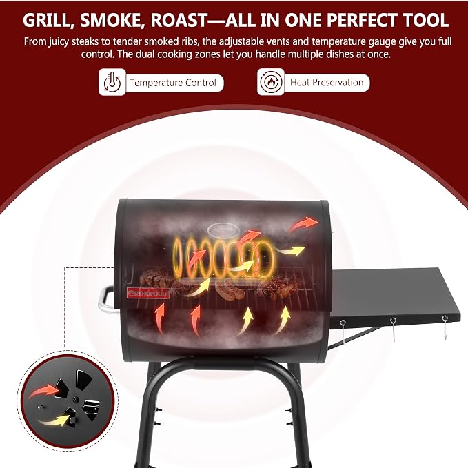 Barrel Charcoal Grill with Lid, 388 Sq.In Cooking Space & Wheels