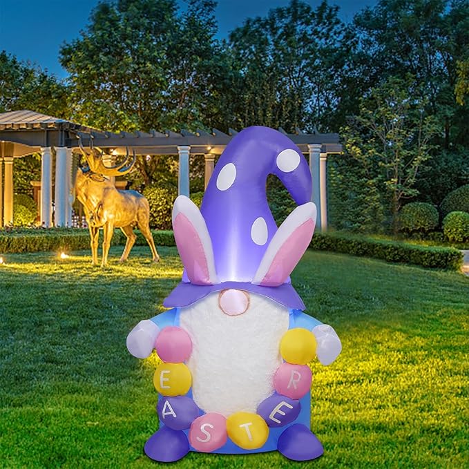 Juegoal Easter Gnome Inflatables Decorations, 4 FT Lighted Blow Cute Bunny Gnome with Eggs, Indoor Outdoor Cute Rabbit Easter Holiday Party Decor, Light Up for Lawn Yard Garden