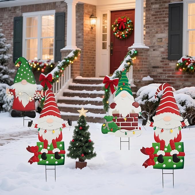 Christmas Gnome Yard Stake Indoor & Outdoor Decorations, Lighted Metal Solar Powered LED Holiday Garden Stakes, Waterproof for Pathway Patio Lawn Porch, Winter Xmas Snowflake Decor Signs