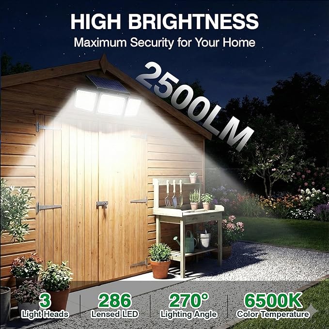 Solar Outdoor Lights Motion Sensor, 2500LM 286 LED Security Flood Lights with Visual Battery & Mode Display, 3 Lighting Modes, IP65 Waterproof 3-Head Wide Angle for Garage, Yard, Patio (1 Pack)