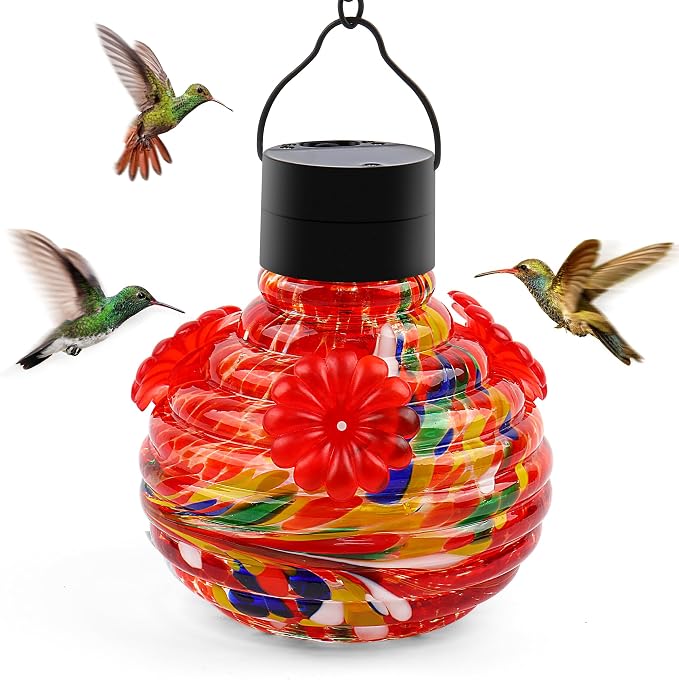 VOREEN Solar Hummingbird Feeder, Hand Blown Glass 17oz Hanging Feeder with LED Light, Waterproof & Rust-Proof Silicone Flower Ports, Decorative Garden Lantern for Outdoor Yard Patio (Multicolor)