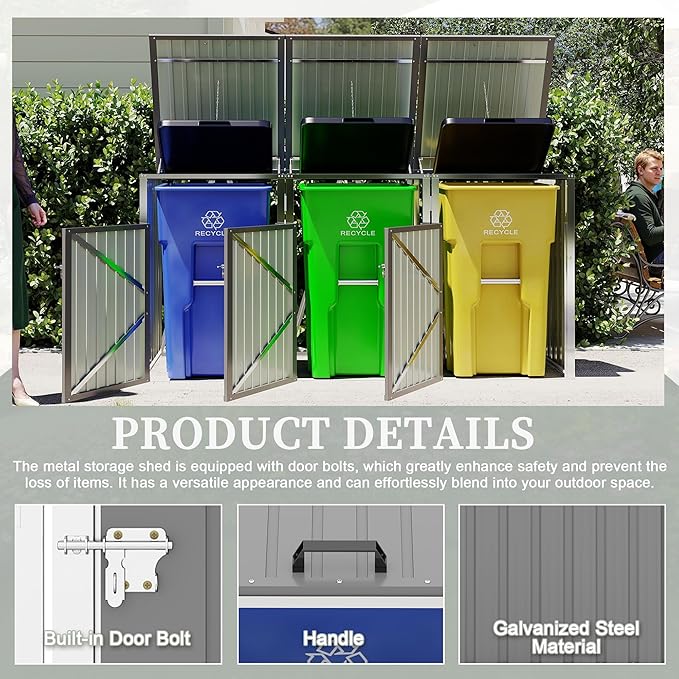 KEIKI 3-Bin Outdoor Trash Can Storage Shed, Metal Garbage Bin Enclosure with Lift-Up Lid & Lockable Double Doors, Weather-Resistant Heavy-Duty Patio Garden Shed, Light Gray