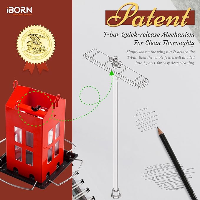 iBorn Bird Feeder House, Metal Bird Feeders for Outdoors Hanging,Double-Sided Metal Hanger & Weatherproof, Easy to Clean & Refill, 1.5 Lbs Capacity, Red