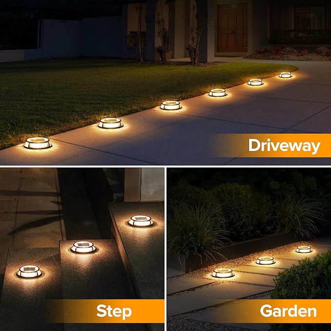 LUTEC 12 Pack Solar Driveway Lights, 12 LEDs IP67 Waterproof Outdoor Solar Dock Driveway Marker Lights for Step, Sidewalk, Pathway, Patio, Garden(Warm White)