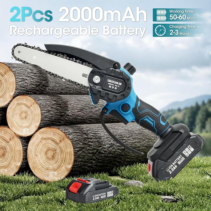 Mini Chainsaw 6-Inch,Portable Electric Cordless Chainsaw, Handheld Pruning Shears Chain Saw for Tree Branches with 2 Batteries and Carrying Case