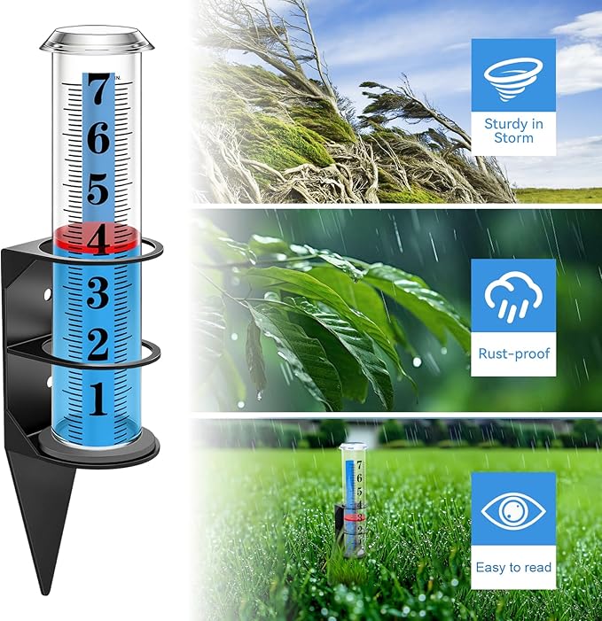 Rain Gauge Outdoor,7" Rain Gauges Outdoors Best Rated with Metal Rack Holder, Rain Measure Gauge, Easy to Read with Red Float, Large Font Plastic Replacement Tube for Yard Garden