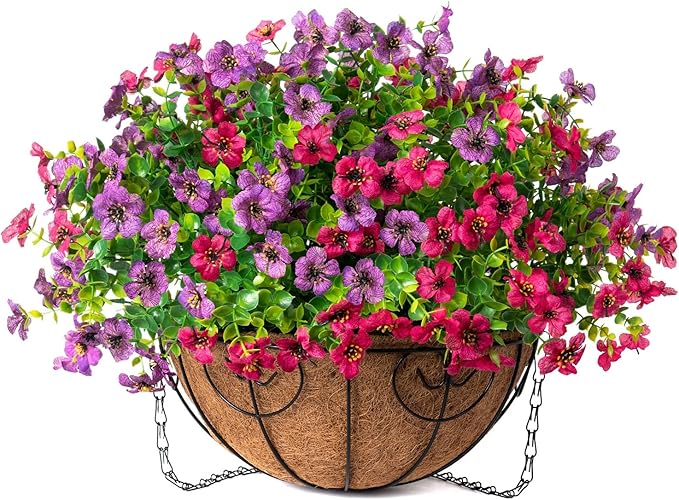 HyeFlora Artificial Faux Hanging Plants Flowers Basket for Spring Summer Outdoor Outside Decoration, Fake Silk Colorful Daisy Eucalyptus in Planter UV Resistant Realistic for Porch Patio Balcony Yard