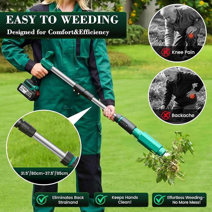Electric Weed Puller Tool, 21V Battery Powered Stand Up Weed Remover with 6000mAh Batteries, Heavy Duty 3-Claw Steel Root Weeder, Weed Picker Grabber Popper for Dandelion Lawn Garden Yard