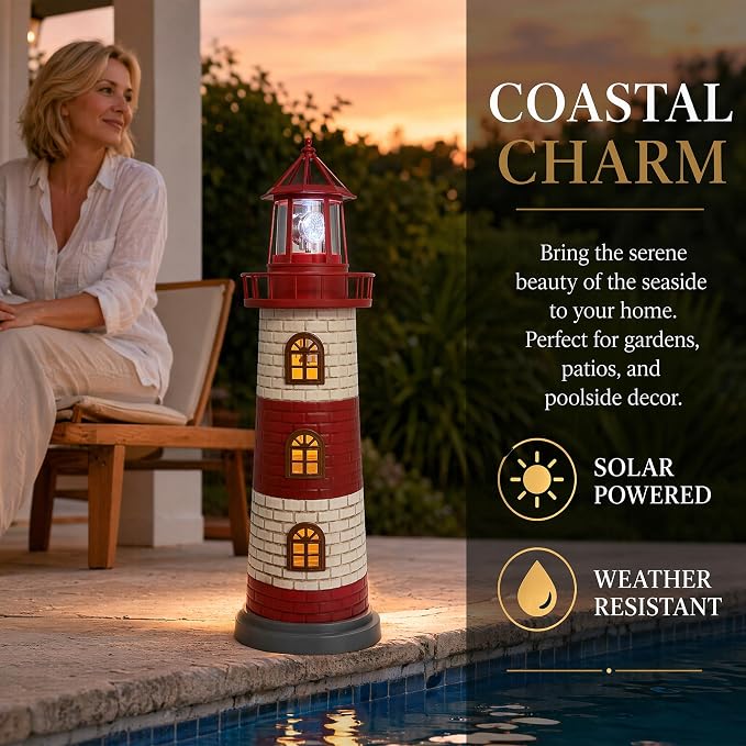 Large Garden Statues 23" Coastal Garden Decor for Outside - Lighthouse Solar Lights Outdoor Waterproof Patio Lawn Yard Decorations, Unique Housewarming Gift Garden Gifts for Family Friends (Red)